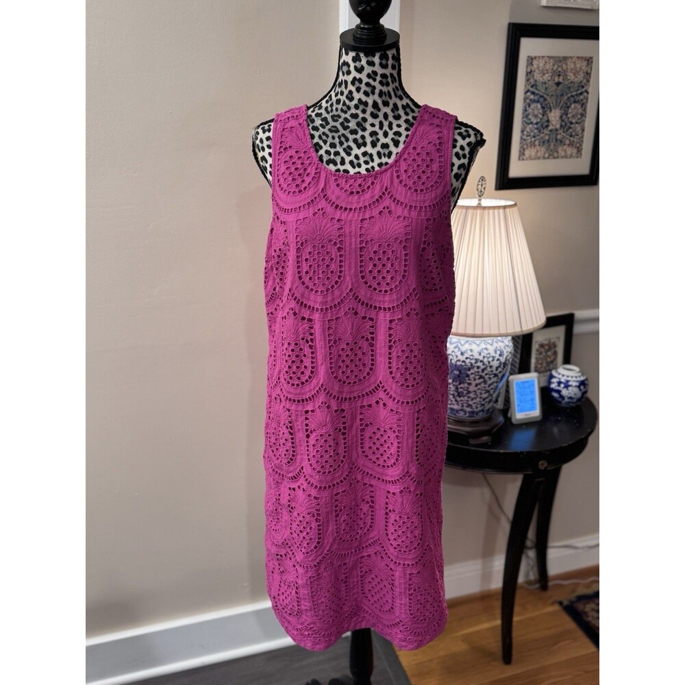 J. Jill Fuchsia Magenta Pink Pineapple Eyelet Button Back Sleeve Dress M Classic